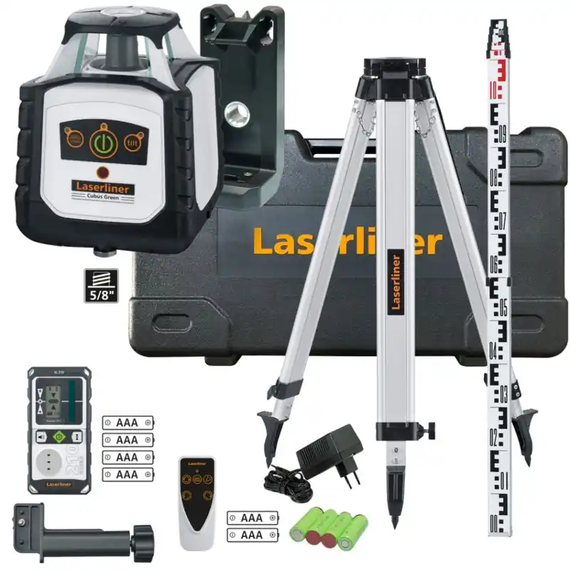 Laserliner 052.305A Set Cubus G 210 S laser rotatif vert, support d‘éclairage 150 cm, tige de mise à niveau télescopique 4 m et récepteur laser