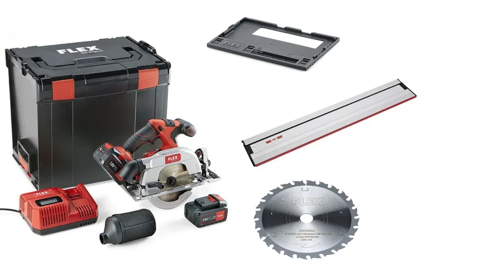 Flex-tools 513326 CS 62 18.0-EC/5.0 Set scie circulaire sans fil 18V 5.0Ah Li-Ion + rail de guidage 160cm + lame de scie supplémentaire