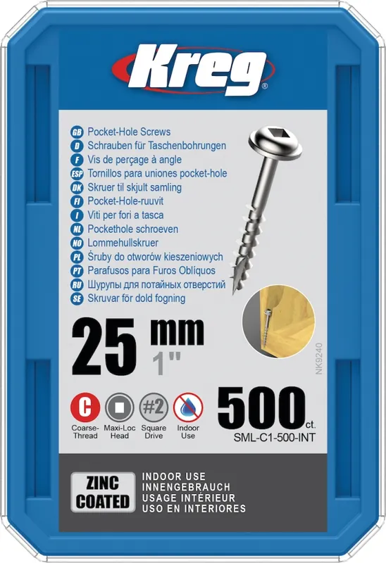 Kreg SML-C1-500-INT Vis à tête cylindrique 25 mm galvanisée Maxi-Loc à filetage grossier 500 pièces