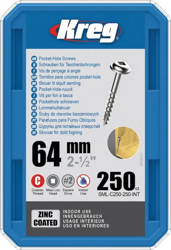 Kreg SML-C250-250-INT Vis à tête cylindrique 64 mm galvanisée Maxi-Loc à filetage grossier 250 pièces