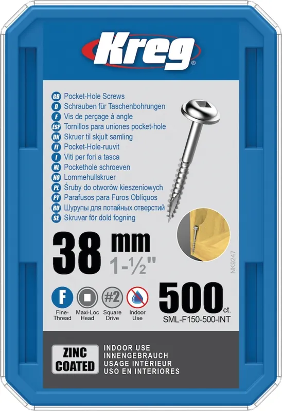 Kreg SML-F150-500-INT Vis à trou de poche 38 mm zinguées Maxi-Loc à filetage fin 500 pcs
