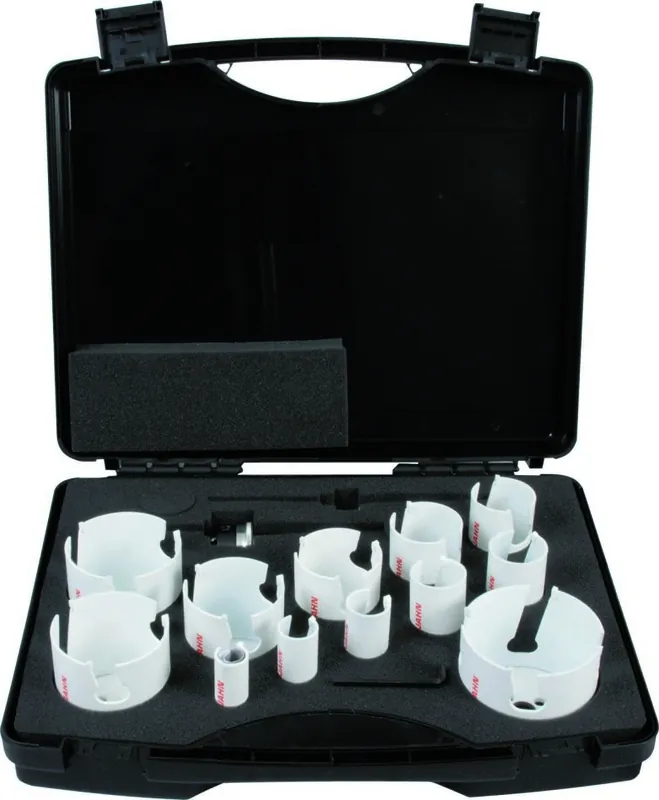 Projahn 60591 mallette avec scie multi-trous HM TCT chaque 1 pièce 19-22-25-32-35-40-44-51-57-64-68-76 mm incl. 2 adaptateurs, 1 x foret central HSS et TCT chaque et 1 x clé à fourche
