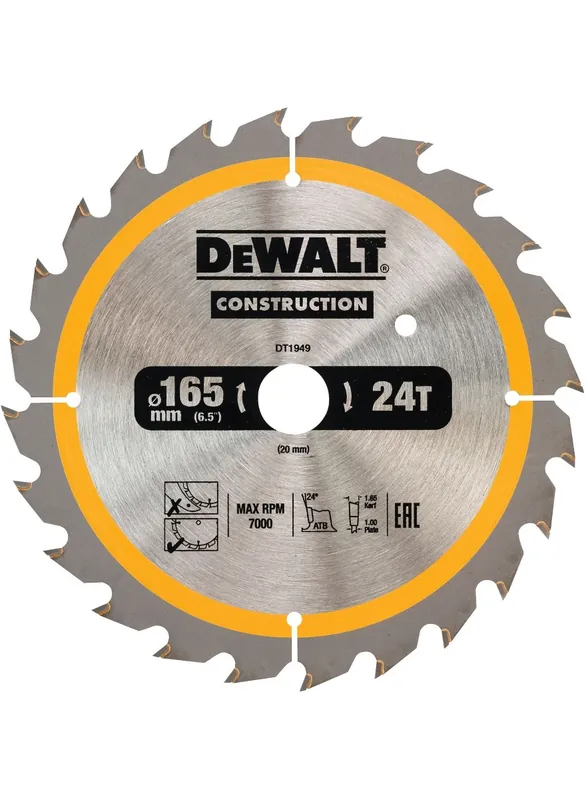 DeWalt Accessoires DT1949-QZ Lame de scie circulaire 165 x 20 mm 24T ATB 24°.