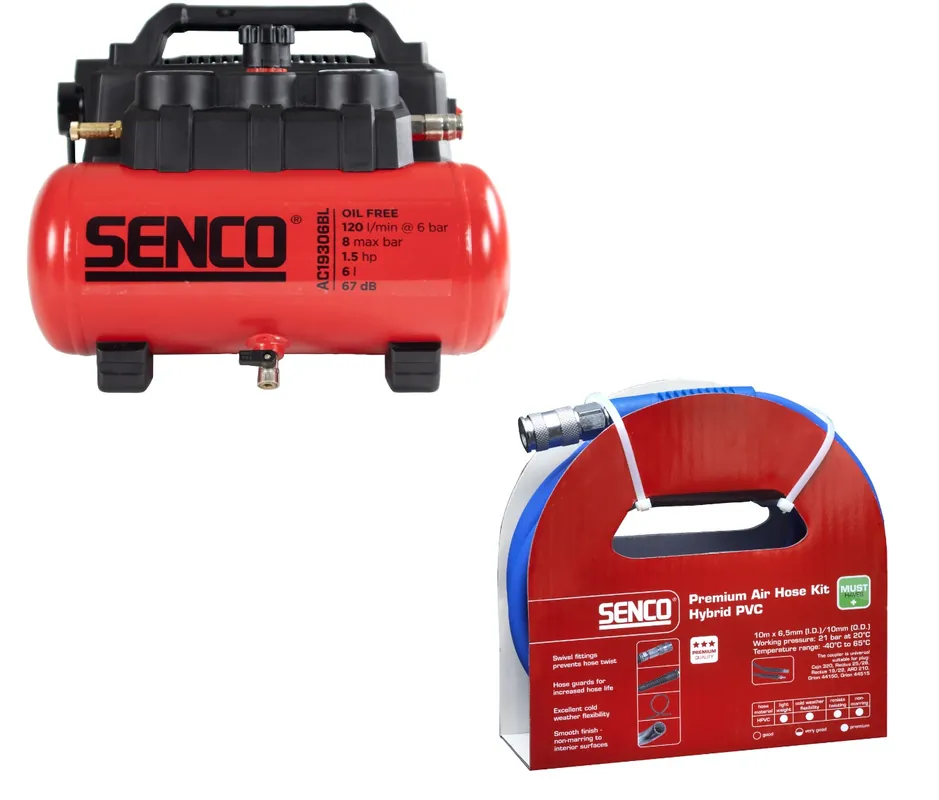 Senco PRSE-AFN0036EU - AC19306BL Compresseur 6 ltr. 8 Bar + tuyau d‘air 10 mtr