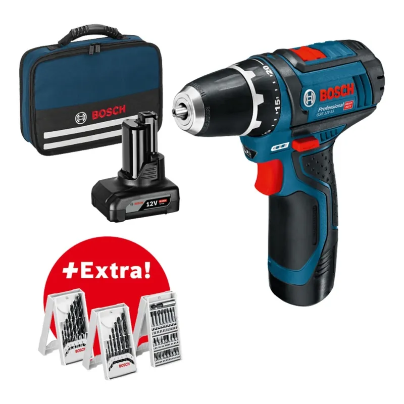 Bosch Bleu 0615990G6L GSR 12V-15 Perceuse sans fil 12V 2.0/4.0Ah Li-Ion + 39 pièces d‘accessoires dans un sac