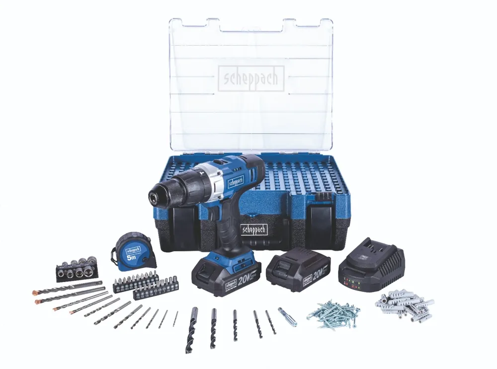 Scheppach 5909222904 DTB-20ProS Perceuse-visseuse Accu 20 volts 2,0 Ah Li-ion + jeu d‘accessoires 206 pièces
