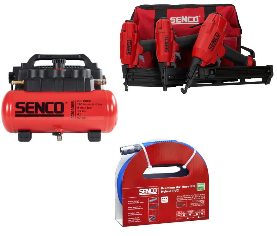 Senco PRSE-10S2001NKIT - Ensemble de 3 pièces dans un sac FinishPro35BL + FinishPro18BL + SLS18BL + AC19306BL Compresseur 6 ltr. 8 Bar + Tuyau à air 10 mtr.