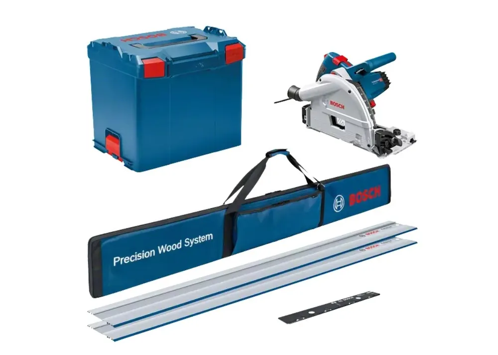 Bosch Bleu 0615990M9B Scie circulaire GKT 55 GCE + 2x rails de guidage + pochette pour FSN + pièce de liaison en L-Boxx