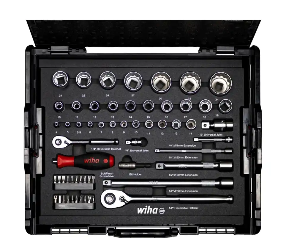 Wiha 44685 Jeu de clés à douille et d‘embouts 1/4" et 1/2" 60 pièces incl. L-Boxx