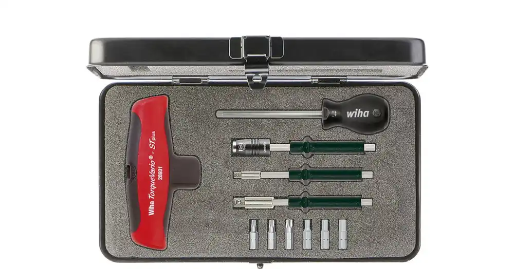 Wiha 29234 TorqueVario®-S T Jeu de tournevis avec poignée en croix 5-14 Nm assorti Limiteur de couple variable 12 pièces, boîte incluse
