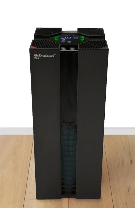 AirExchange 20200750-T ZWART 20200750-T BLACK Purificateur d‘air professionnel 750-T Black avec filtre HEPA H14, charbon, ioniseur et lampe UV-C Convient jusqu‘à 120m².