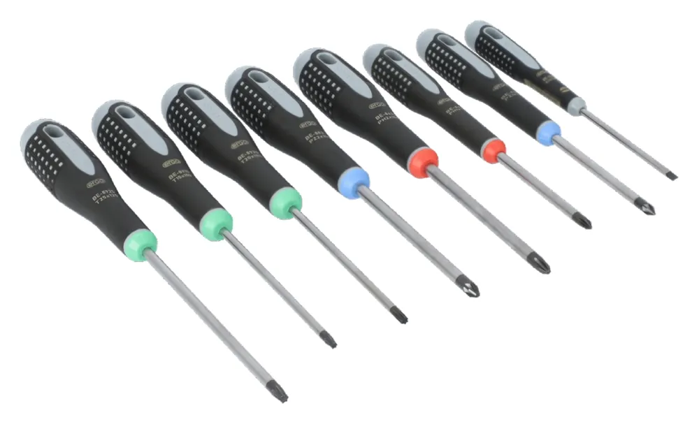 Bahco BE-9872 Jeu de tournevis ERGO™, manche à trois composants, fendu, Phillips, pozidriv, TORX® - 8 pièces