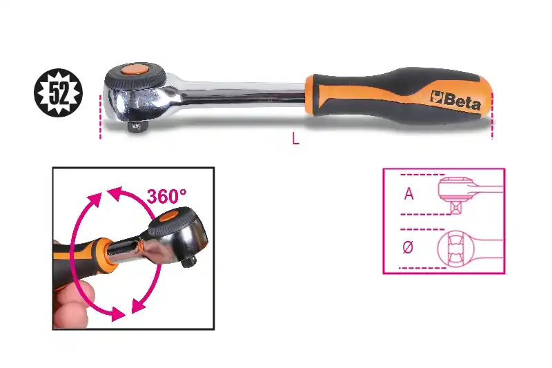 Beta 009100884 Clé à cliquet réversible 3/8" avec poignée rotative 222 mm
