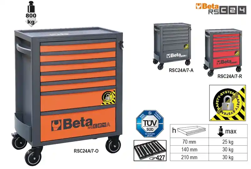 Beta 024004171 Chariot à outils, Orange Avec 7 tiroirs - 74x44.5x96.9 cm