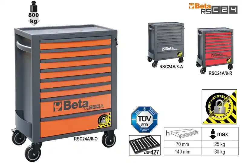 Beta 024004181 Chariot à outils, Orange Avec 8 tiroirs - 74x44.5x96.9 cm