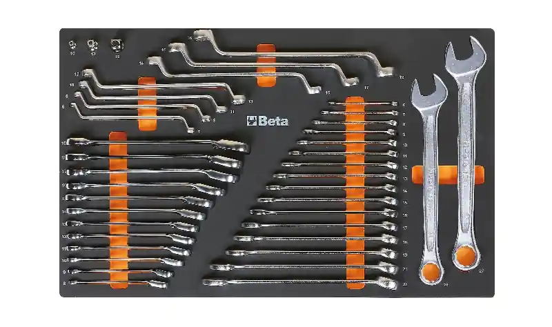 Beta 024500025 Boîte d‘‘incrustation souple comprenant des jeux de clés combinées, des clés à cliquet combinées avec adaptateurs et des clés coudées doubles