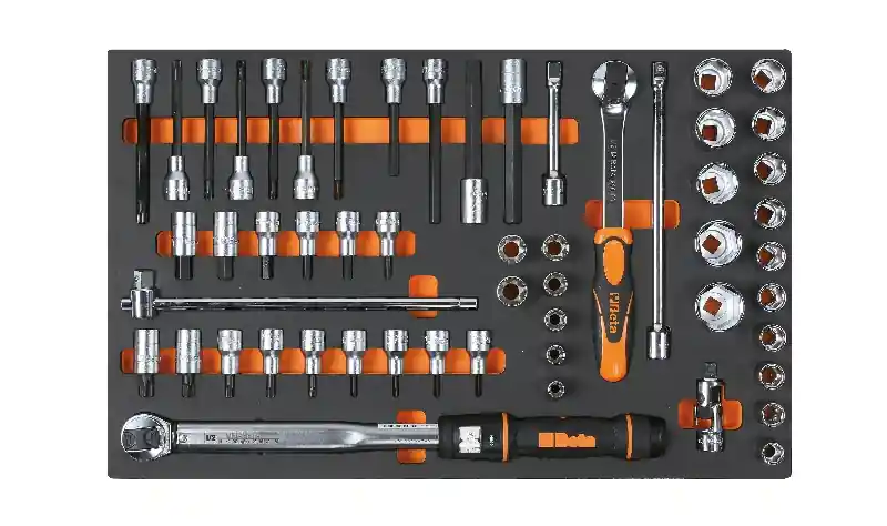 Beta 024500115 Boîte d‘‘insertion souple comprenant des clés pour vis à profil Torx® et vis hexagonales, avec accessoires, clé dynamométrique et cliquet réversible - 54 pièces