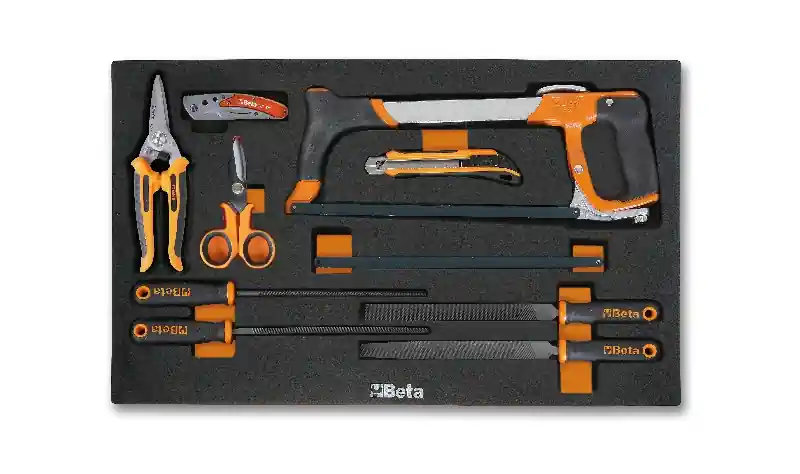 Beta 024500284 Insert souple + Set de coupe assorti avec ciseaux, scie à métaux, lime, cutter et couteau - 9 pièces