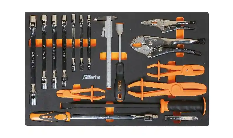 Beta 024500878 Plateau souple + Assortiment de clés à douille polygonales à double brisure, de pinces et d‘‘accessoires de mesure - 17 pièces