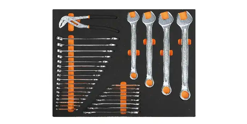 Beta 024504212 Boîte à incrustations souples comprenant un jeu de clés à molette, une clé à fourche et une pince réglable - 30 pièces
