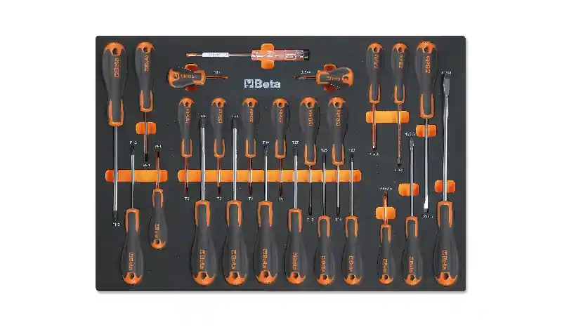 Beta 024580211 Plateau pour incrustation souple comprenant des jeux de tournevis Phillips, Torx® et plats - 25 pièces