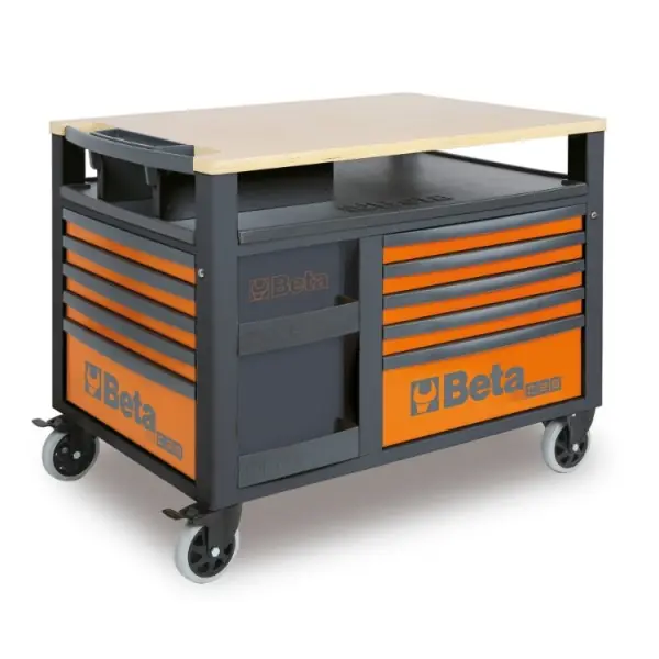 Beta 028003001 Établi mobile SuperTank avec plan de travail en bois et 10 tiroirs, 588x367 mm - orange