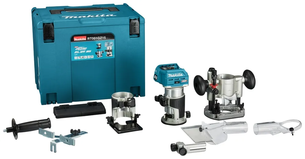 Makita RT001GZ15 Défonceuse de plans et de chants 40V Max sans batteries et chargeur avec accessoires et adaptateur de rail de guidage en MBox