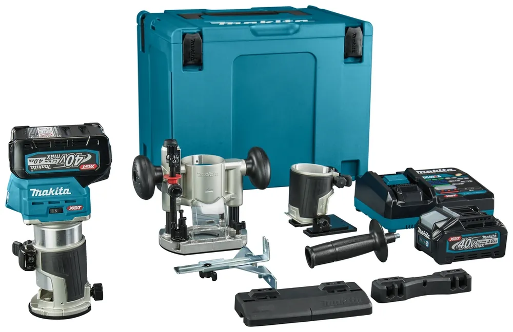 Makita RT001GM206 Défonceuse de plans et de chants 40V Max 4.0Ah Li-ion avec accessoires et adaptateur de rail de guidage en MBox