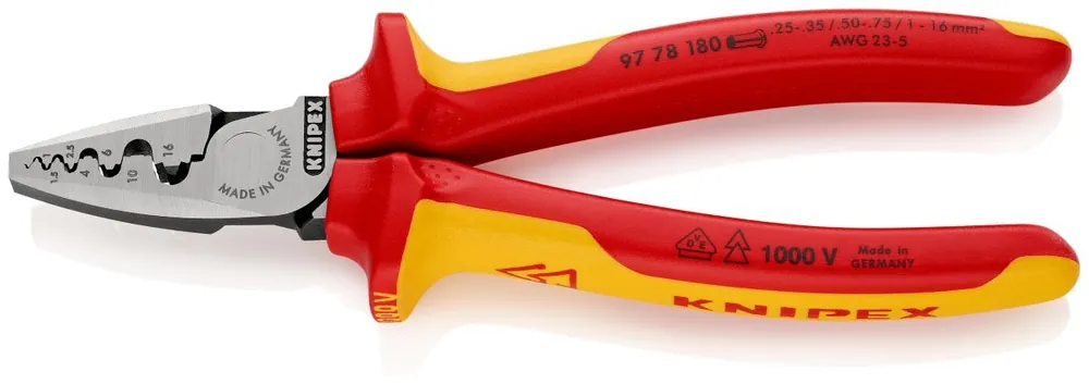Knipex 97 78 180 SB Pince à sertir pour les embouts DIN 46228 parties 1 + 4 de 0,25 à 16 mm².