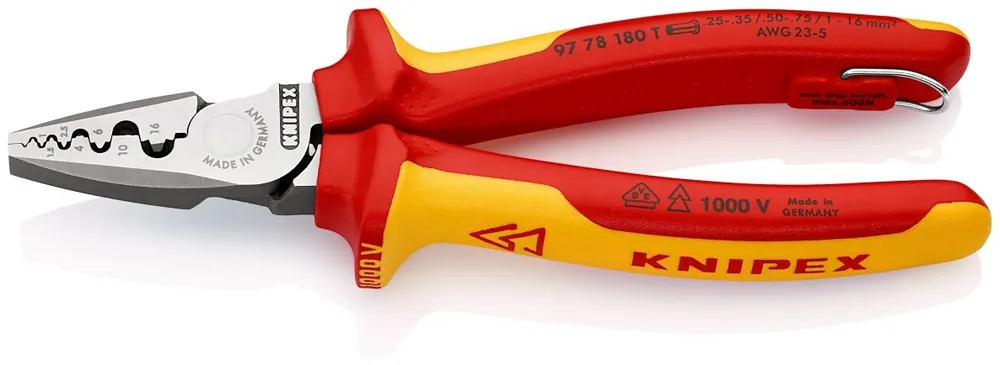 Knipex 97 78 180 T BK Pince à sertir pour les embouts DIN 46228 partie 1 + 4 de 0,25 à 16 mm².