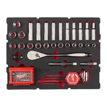 Milwaukee Accessoires 4932480716 Jeu de clés à cliquet, à capuchon et Allen 1/2" PACKOUT incrustation mousse 65 pièces
