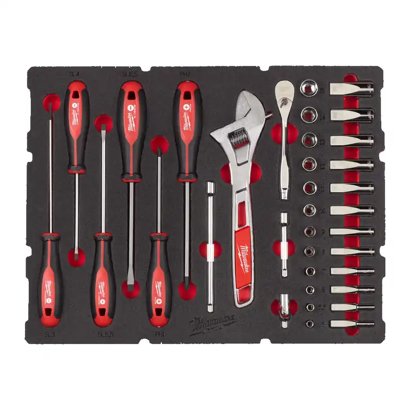 Milwaukee Accessoires 4932480717 Jeu de clés à cliquet 1/4", de capuchons, de tournevis et de clés à molette PACKOUT Foam Inlay 35-pièces