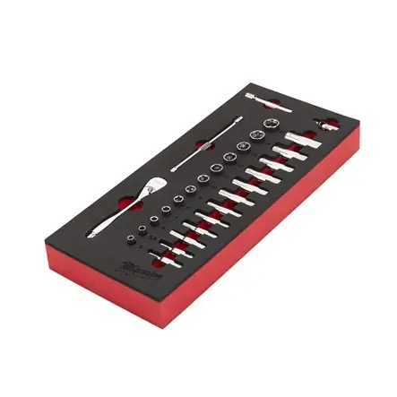 Milwaukee Accessoires 4932479824 1/4‘‘‘‘ Jeu de clés à cliquet et de douilles avec incrustation en mousse 28 pièces