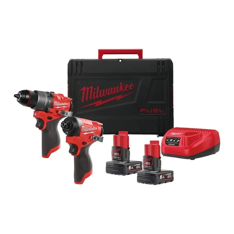 Milwaukee 4933480588 M12 FPP2A2-602X Powerpack M12 FPD2 Perceuse à chocs + M12 FID2 Tournevis à chocs 12V 6.0Ah en boîte HD