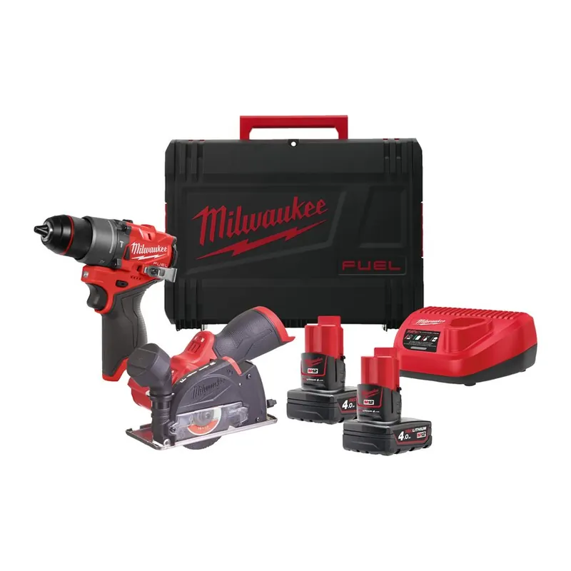 Milwaukee 4933480592 M12 FPP2G2-402X Powerpack M12 FPD2 Perceuse à percussion + Meuleuse M12 FCOT 12V 4.0Ah en boîte HD