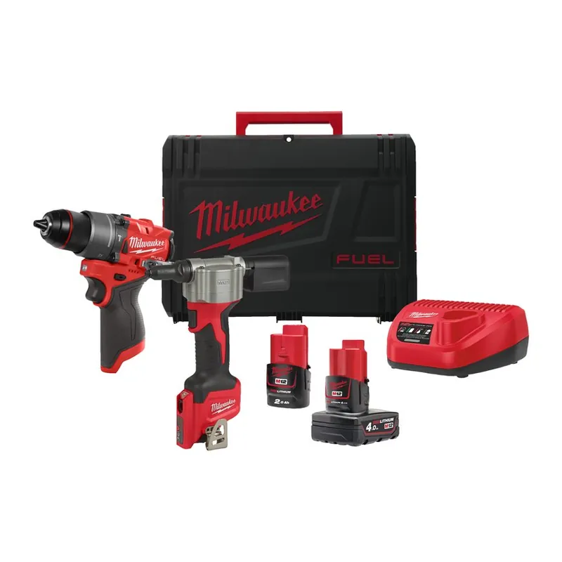 Milwaukee 4933480593 M12 FPP2D2-422X Powerpack M12 FPD2 Perceuse à percussion + M12 BPRT Riveteuse aveugle 12V 4.0/2.0Ah en boîte HD