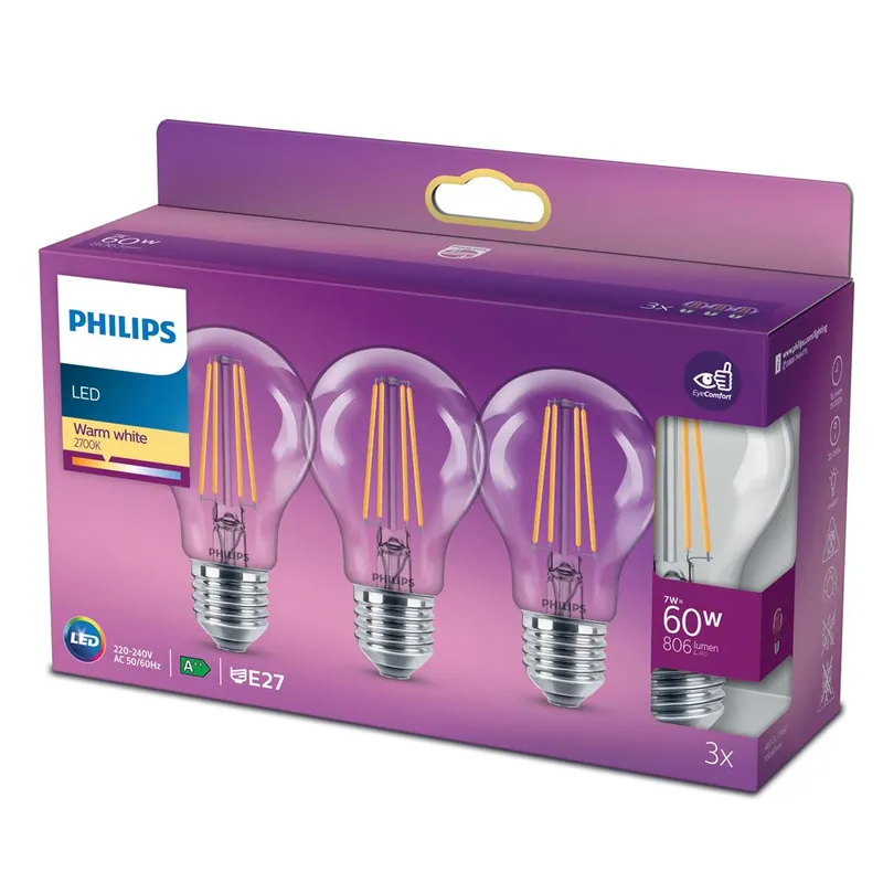 Philips P763930 Lampe classique LED 60 Watt E27 - 3 pièces