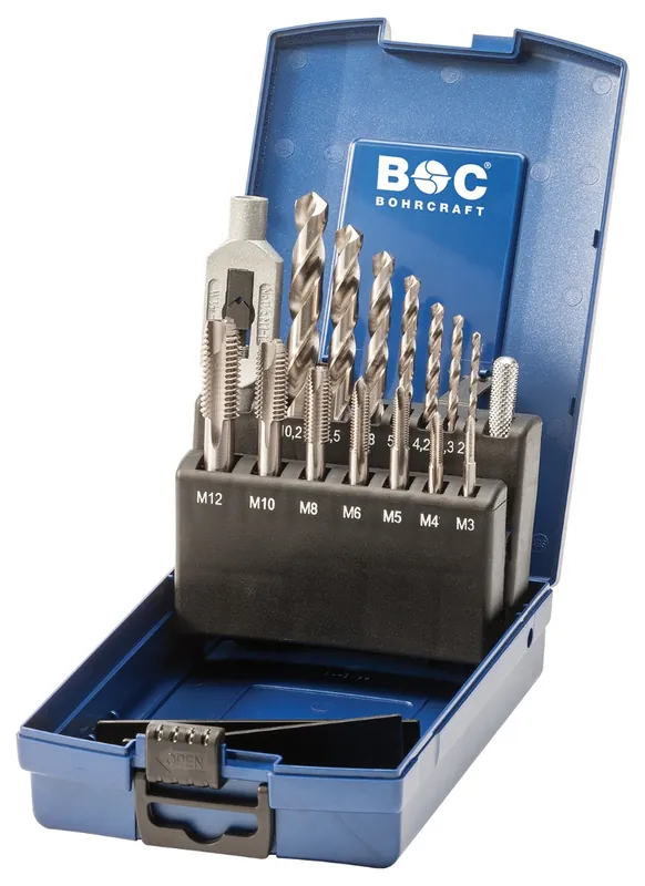 Bohrcraft 41251330015 Jeu de machines-outils courtes EGB15-K Co DIN 352 + forets + support en ABS / M3-M12