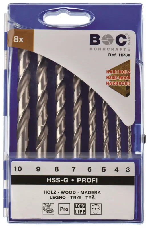 Bohrcraft 31101430008 Jeu de forets à bois HP80 Profi HSS-G / 3 - 10 x 1,0 mm / 8 pcs