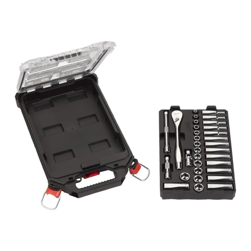 Milwaukee Accessoires 4932478813 Jeu de clés à cliquet + douilles métriques 3/8˝ (32 pièces) dans PACKOUT™ compact slim organiser.