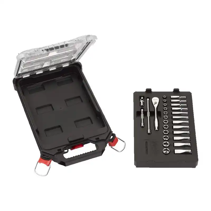 Milwaukee Accessoires 4932478812 Jeu de clés à cliquet et douilles métriques 1/4˝ (28 pièces) dans l‘organiseur compact et mince PACKOUT™.