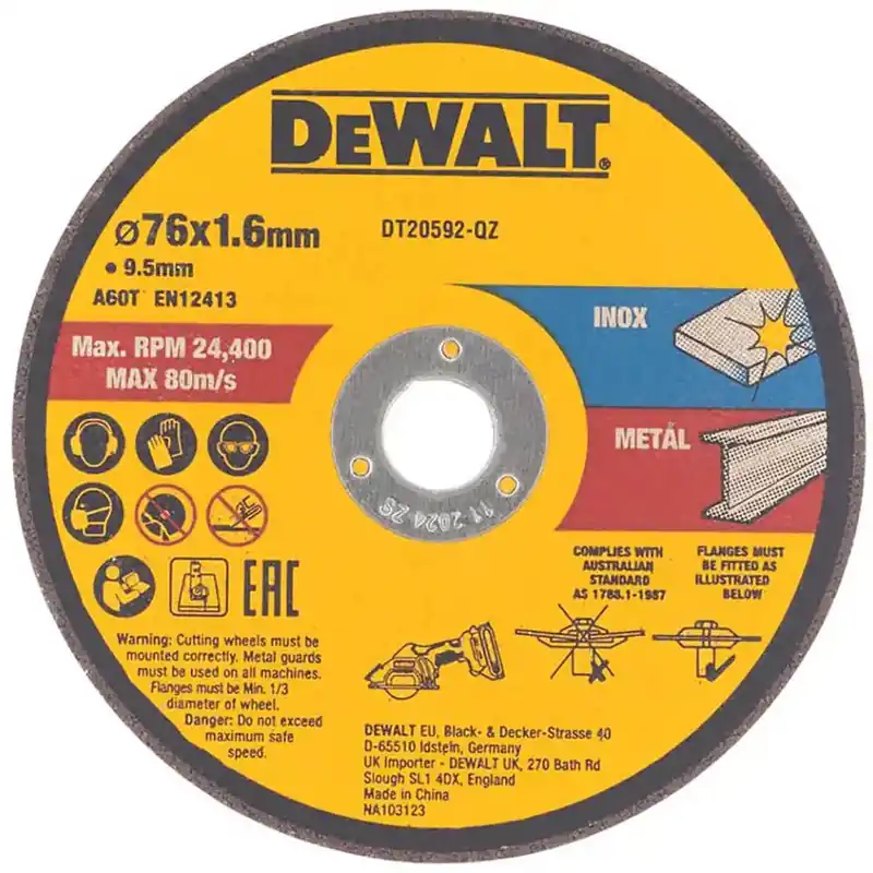 DeWalt Accessoires DT20592-QZ Disque à tronçonner pour l‘acier inoxydable et le métal 76 x 9,5 x 1,6 mm 3 pièces