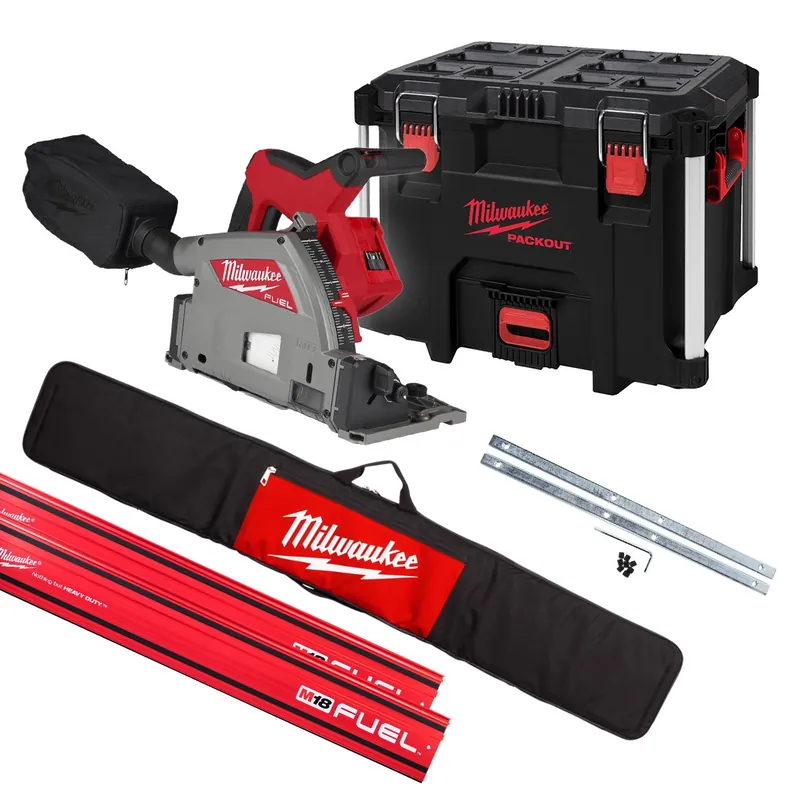 Milwaukee M18FPS55-0PSET M18 FPS55-0P Scie plongeante sans fil 18V sans batteries ni chargeur + 2 x rail de guidage 1400mm + pinces + sac dans la boîte à outils PACKOUT™