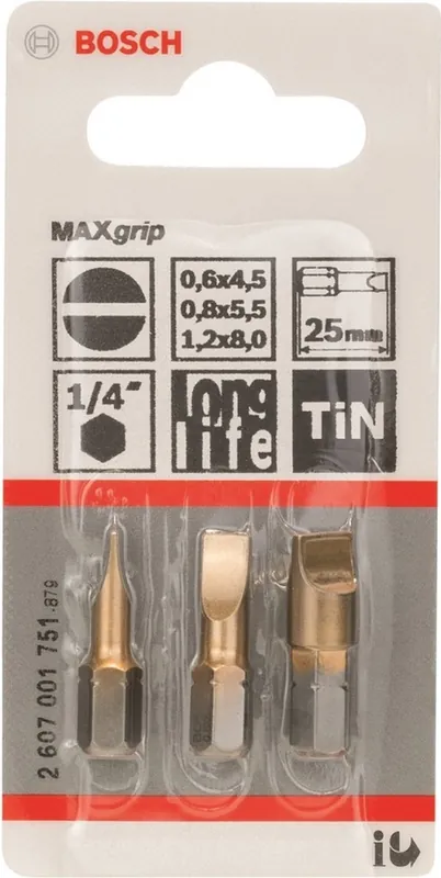 Bosch Bleu Accessoires 2607001751 Jeu d‘embouts 3 pièces Max Grip (S) S 0.6x4.5 S 0.8x5.5 S 1.2x8.0 25mm