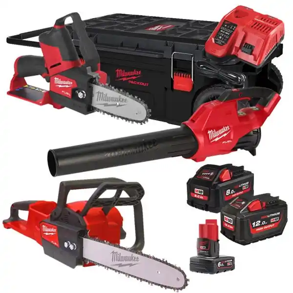 Milwaukee 4933492814 M18 FPP3OPL5-823P Comboset 12V 6Ah/18V 8,0/12Ah Li-Ion - Tronçonneuse M18 FCHS + Souffleur de feuilles M18 FBL + Scie d‘élagage M12 FHS 4933492814
