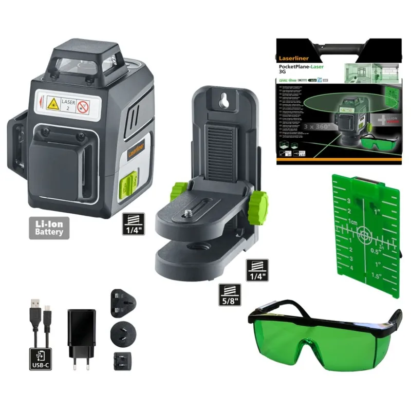 Laserliner 036.700A PocketPlane-Laser 3G laser à lignes croisées avec un cercle laser vert horizontal et deux cercles laser verticaux de 360°.