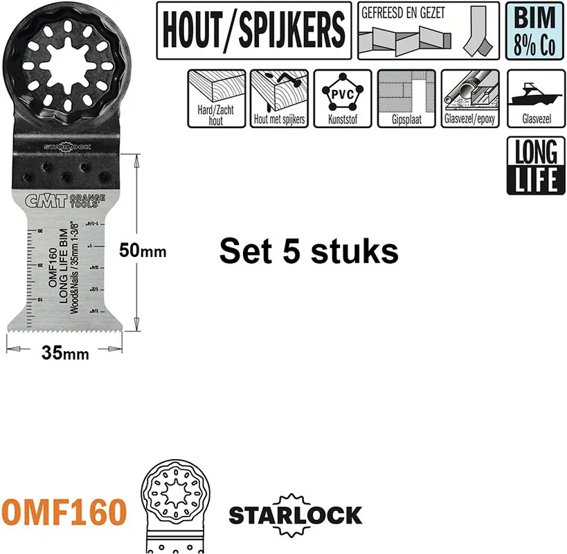 CMT OMF160-X5 Lame de scie multitool pour bois avec clous 35 mm 5 Pièces