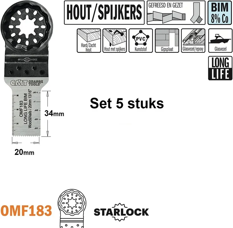 CMT OMF183-X5 Lame de scie multitool pour bois avec clous 20 mm 5 Pièces