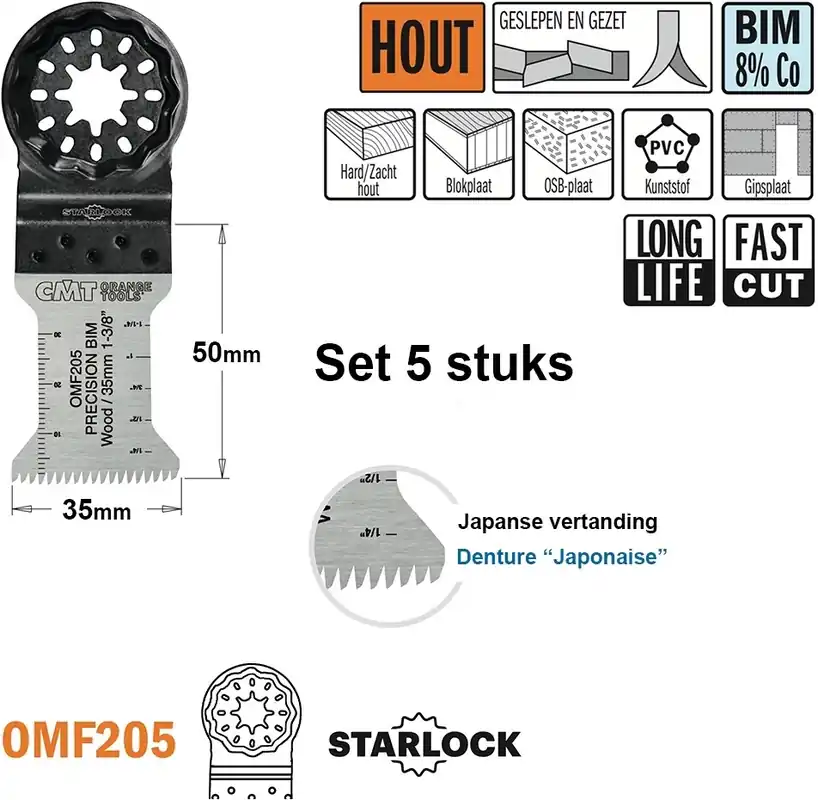 CMT OMF205-X5 Lame de scie multitool (dents japonaises) pour bois 35 mm 5 pièces