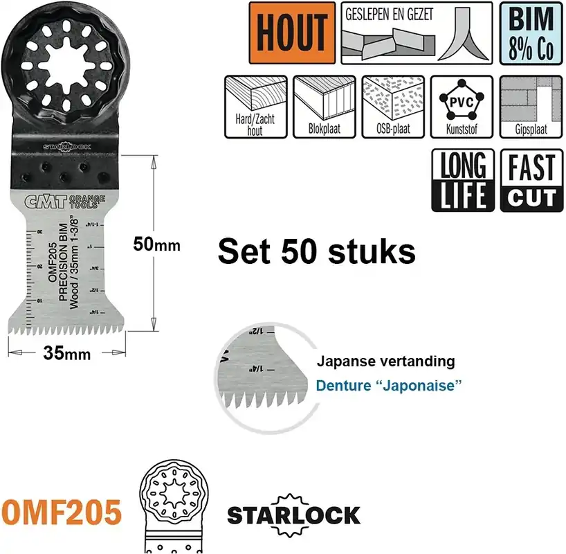 CMT OMF205-X50 Lame de scie multitool (dents japonaises) pour bois 35 mm 50 pièces